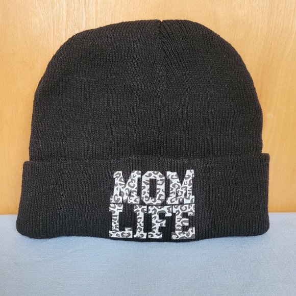 Accessories - NEW Black Knit Beanie Mom Life Maternal Mommy Leopard Fuzzy Hat Skater Outdoor